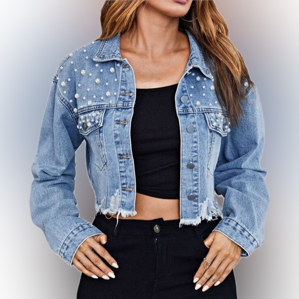 Pearls Beaded denim jacket Raw Hem Crop Jean distressed womens S teen juniors XS